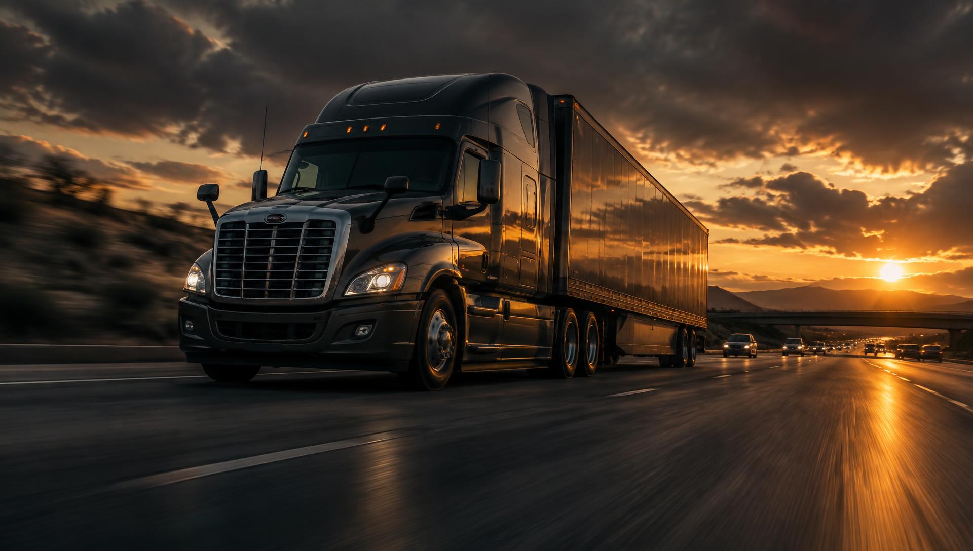 Semi truck hauling freight on the highway at sunset